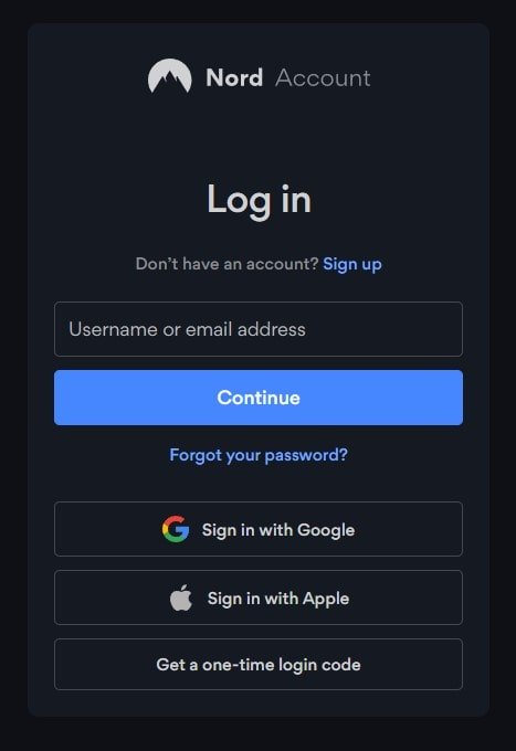 NordVPN Login Form
