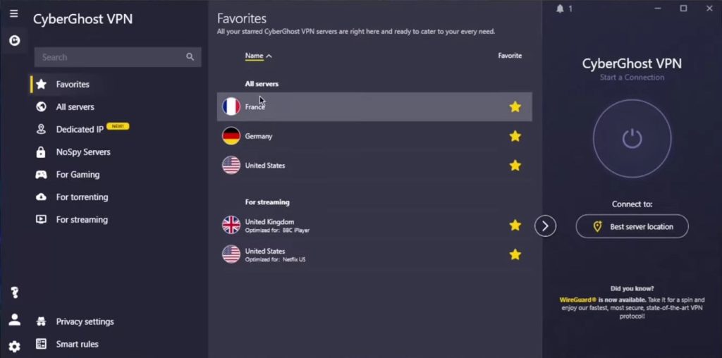 CyberGhost VPN Dashboard